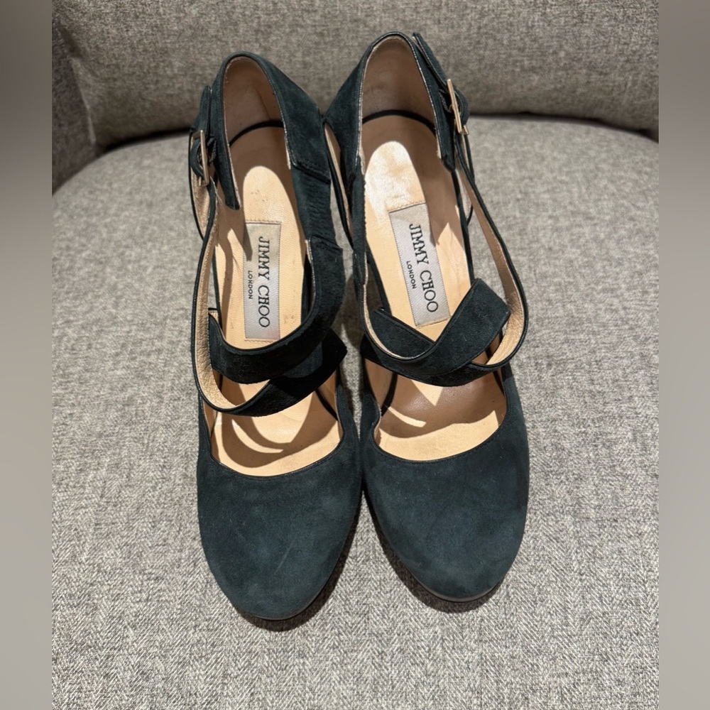 Jimmy Choo Dark Green Suede Criss Cross Strappy Heeled Pumps Size 37.5 US 7.5